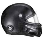 Black carbon fibre racing helmet with aerodynamic design and clear visor, suitable for motorsport safety and performance.
