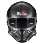 Stilo racing helmet with carbon fibre finish, featuring a clear visor and aerodynamic design, ideal for motorsport safety and performance.