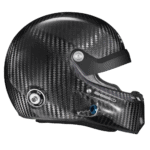 Carbon fibre racing helmet with aerodynamic design, suitable for motorsport enthusiasts and professional racers.