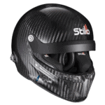 Stilo racing helmet with carbon fibre finish, designed for motorsport safety and performance.