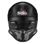 Carbon fibre racing helmet by Stilo, designed for motorsport safety and performance, featuring a sleek black finish and aerodynamic shape.