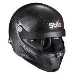 Stilo racing helmet with carbon fibre finish, designed for motorsport safety and performance.