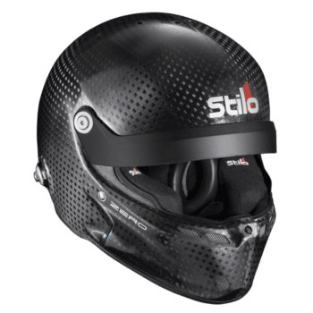 Stilo racing helmet with carbon fibre finish, designed for motorsport safety and performance.