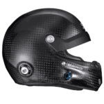 Carbon fibre racing helmet with aerodynamic design and advanced safety features for motorsport enthusiasts.