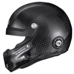 Carbon fibre racing helmet with aerodynamic design and advanced safety features for motorsport enthusiasts.