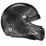 Carbon fibre racing helmet with aerodynamic design, suitable for motorsport enthusiasts and professional racers.