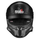 Carbon fibre racing helmet by Stilo, designed for motorsport safety and performance, featuring a sleek black finish and aerodynamic shape.