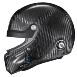 Carbon fibre racing helmet with aerodynamic design and advanced safety features for motorsport enthusiasts.