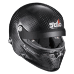 Stilo racing helmet with carbon fibre finish, designed for motorsport safety and performance.