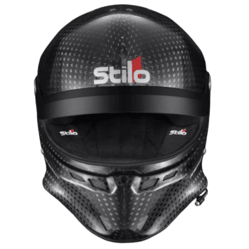 Stilo racing helmet with carbon fibre finish and aerodynamic design, ideal for motorsport safety and performance.