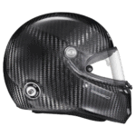 Carbon fibre racing helmet with clear visor, designed for motorsport safety and performance.
