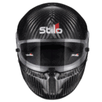 Carbon fibre racing helmet with Stilo logo, designed for motorsport safety and performance.