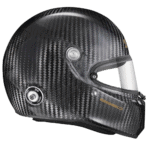 Carbon fibre racing helmet with aerodynamic design, suitable for motorsport enthusiasts and professional racers.