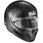 Stilo racing helmet with carbon fibre finish, designed for motorsport safety and performance.