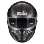 Stilo racing helmet with carbon fibre finish and clear visor, designed for motorsport safety and performance.