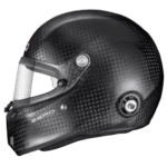 Carbon fibre racing helmet with aerodynamic design, suitable for motorsport enthusiasts and professional racers.