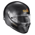 Stilo racing helmet with carbon fibre finish and clear visor, designed for motorsport safety and performance.