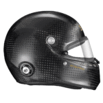 Black carbon fibre racing helmet with clear visor, designed for motorsport safety and performance.