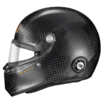 Carbon fibre racing helmet with aerodynamic design and advanced safety features for motorsport enthusiasts.