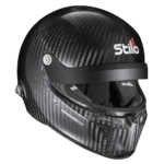 Carbon fibre racing helmet by Stilo, designed for motorsport safety and performance, featuring a sleek black finish and advanced aerodynamics.