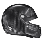 Carbon fibre racing helmet with aerodynamic design, suitable for motorsport enthusiasts and professional racers.