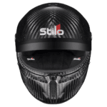 Carbon fibre Stilo racing helmet with black visor, designed for motorsport safety and performance.