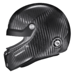 Carbon fibre racing helmet with aerodynamic design and advanced safety features for motorsport enthusiasts.