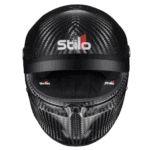 Carbon fibre racing helmet with Stilo branding, designed for motorsport safety and performance.