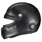 Black carbon fibre racing helmet with aerodynamic design and ventilation features, ideal for motorsport safety and performance.