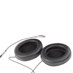 Close-up of black racing headphones with a microphone, designed for motorsport communication, on a plain background.