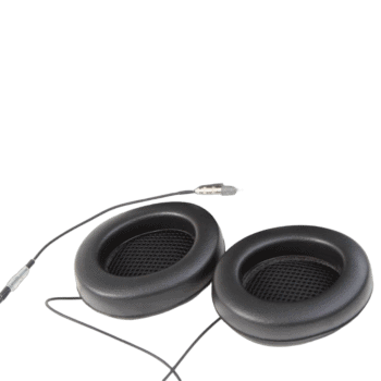 Close-up of black racing headphones with a microphone, designed for motorsport communication, on a plain background.
