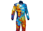 Grand Prix Racewear racing suit with vibrant, swirling blue, yellow, red, and orange patterns for motorsport enthusiasts.