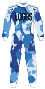 Blue camouflage racing suit with LOGOS branding, designed for Grand Prix racewear, featuring a full-body fit and high-quality materials for motorsport safety and performance.