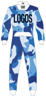 Grand Prix Racewear racing suit with blue camouflage pattern and LOGOS branding, designed for motorsport enthusiasts and professional racers.
