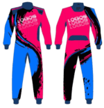 Pink and blue racing suits with black accents featuring 'LOGOS' branding, designed for motorsport drivers, showcasing high-quality racewear from Grand Prix Racewear.