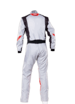 Grand Prix Racewear racing suit in white with black and red accents, designed for motorsport safety and performance.