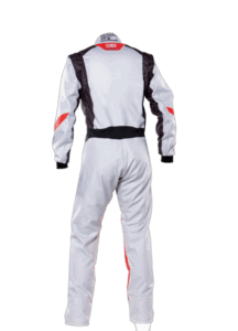 Grand Prix Racewear racing suit in white with black and red accents, designed for motorsport safety and performance.