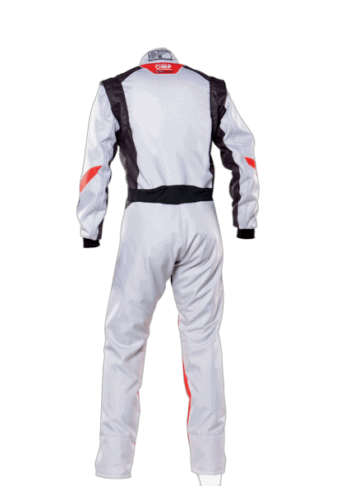 Grand Prix Racewear racing suit in white with black and red accents, designed for motorsport safety and performance.