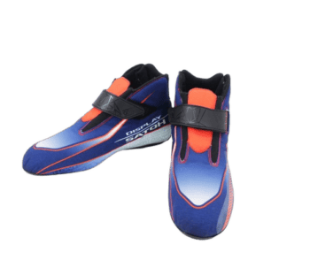 OMP KS Art Junior kart boots in blue with black and orange accents, designed for young racers, featuring a secure strap and ergonomic fit.