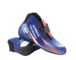 Blue Grand Prix racing shoes with black and orange accents, featuring Tokai Denso branding, designed for motorsport performance and safety.