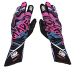 Pair of racing gloves with pink, blue, and black design featuring the 'OMP' logo for motorsport safety and performance.