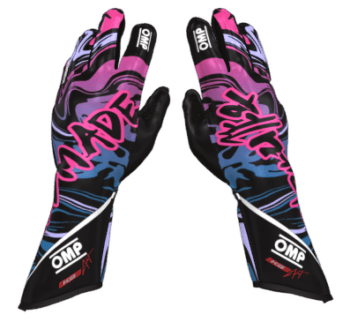 Pair of racing gloves with pink, blue, and black design featuring the 'OMP' logo for motorsport safety and performance.