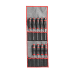 Set of precision screwdrivers with black handles and red accents, stored in a grey and red roll-up tool case, ideal for mechanics and DIY enthusiasts.
