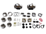 Complete set of racing car parts including fuel tanks, hoses, fittings, and safety equipment for Grand Prix racewear.