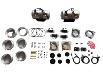 Complete set of racing car parts including fuel tanks, hoses, fittings, and safety equipment for Grand Prix racewear.