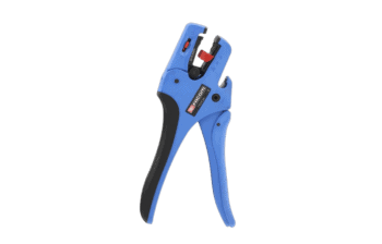 Blue and black wire stripping tool with adjustable blade for electrical work.