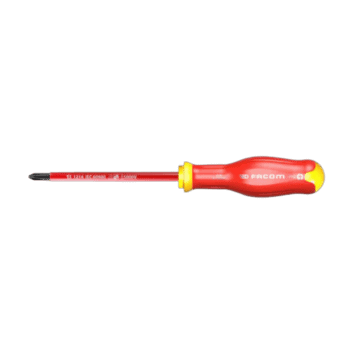 Facom screwdriver with red and yellow handle and black tip, ideal for professional use.