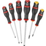 Set of six Facom Protwist Hex screwdrivers with black and red handles and metal shafts, various sizes for precision work.