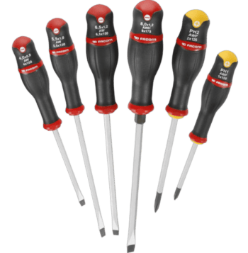 Set of six Facom Protwist Hex screwdrivers with black and red handles and metal shafts, various sizes for precision work.