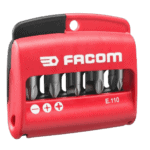 Facom 10 Bits Box with Phillips and Pz E.110pb screwdriver bits in a red plastic case for precision work.
